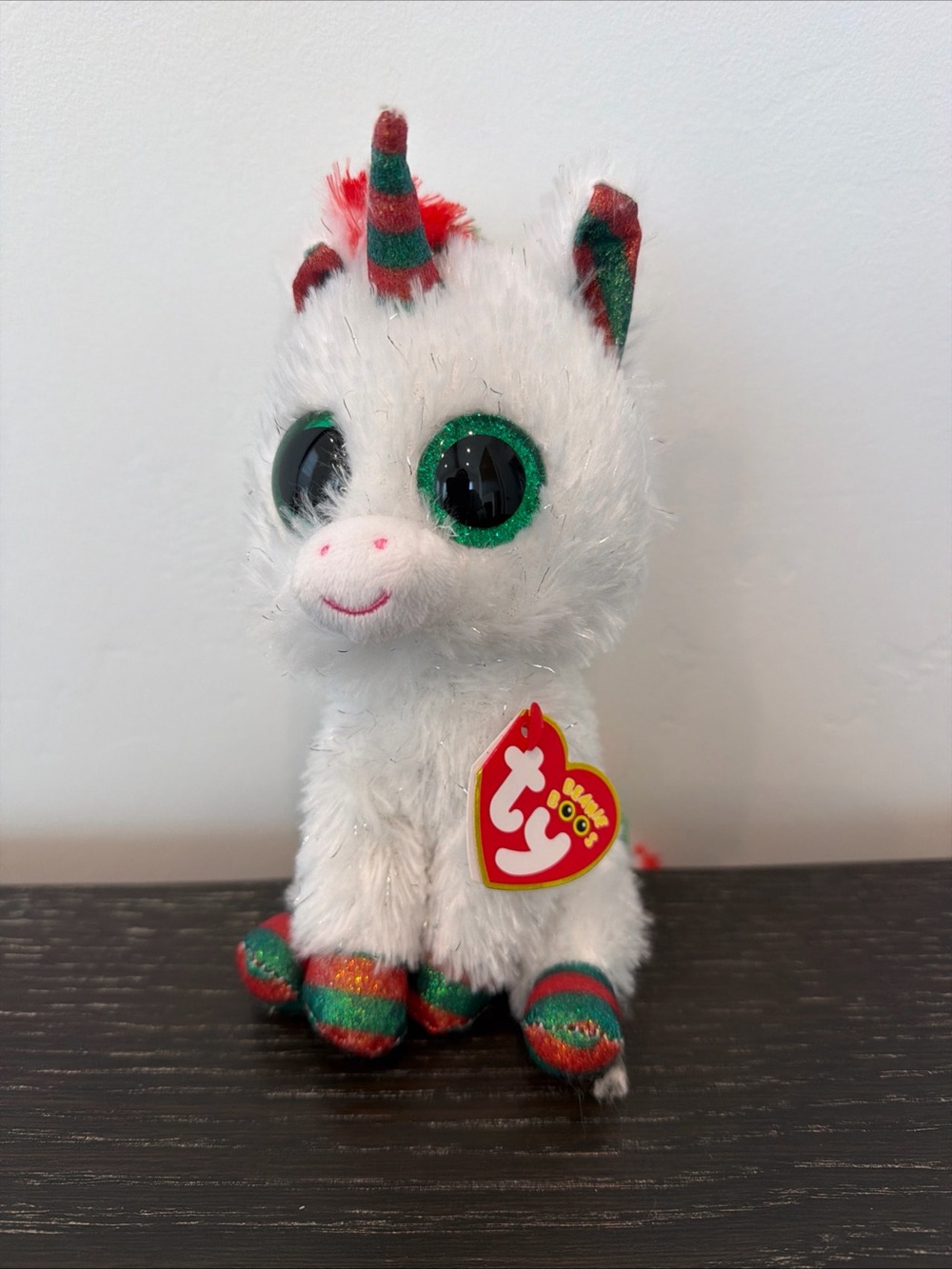 Ty Beanie Boos Snowfall White Unicorn Plush with Green and Red Glitter Accents